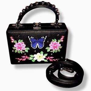 Nasty Gal Black faux leather embroidered Butterfly Flowers studs Crossbody Purse